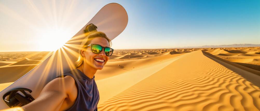 Snowboardtaschen im Test: junge Frau mit Sandboard auf dem Rücken, die ein Selfie von sich in der Wüste macht