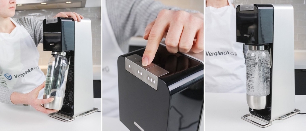 Collage, bei der in drei Bildern die Bedienung eines Wassersprudlers gezeigt wird