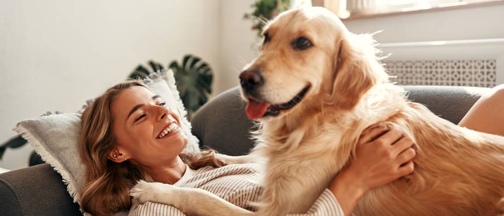 Eine Frau liegt mit ihrem Hund auf dem Sofa und kuschelt mit ihm.