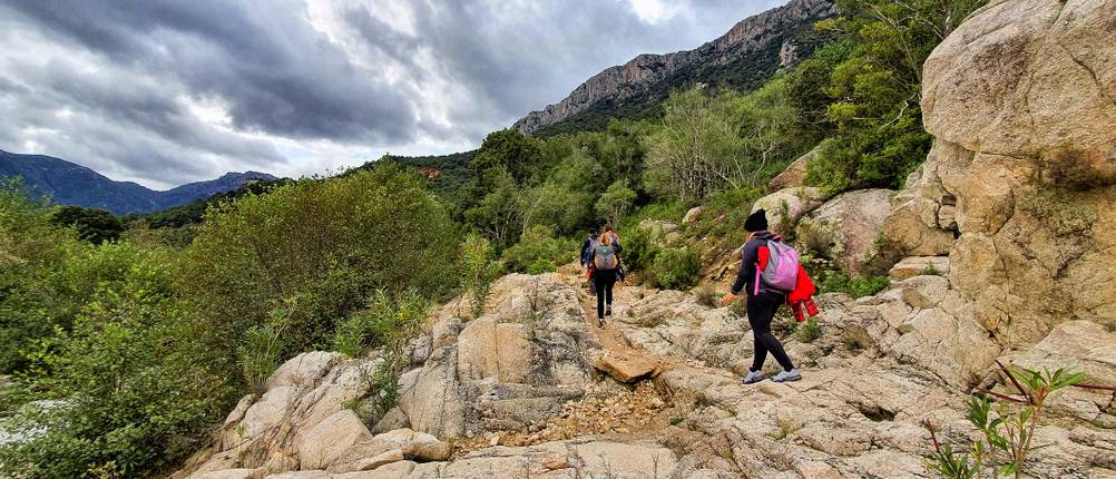 Softshellhose-Damen-Test: Frauen wandern durch die Berge.