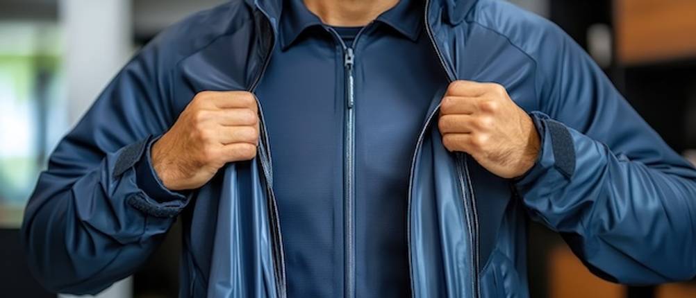 Herren-Softshelljacke im Test: Nahaufnahme einer geöffneten blauen Softshelljacke mit einem Funktionsshirt darunter.