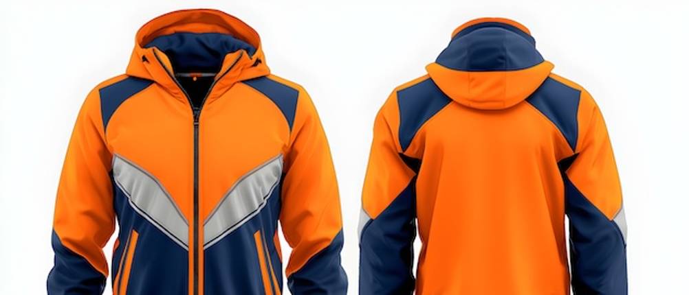Softshelljacke für Herren in Orange, Blau und Grau in Nahaufnahme im Test.