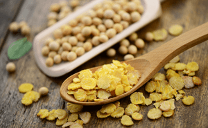 Soja-Protein-Test: Auf einem Holzlöffel befinden sich Soja-Flakes. 