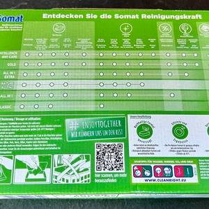 Die Rückseite des Kartons der Somat-All-in-1-Pro-Nature-Spülmaschinentabs.