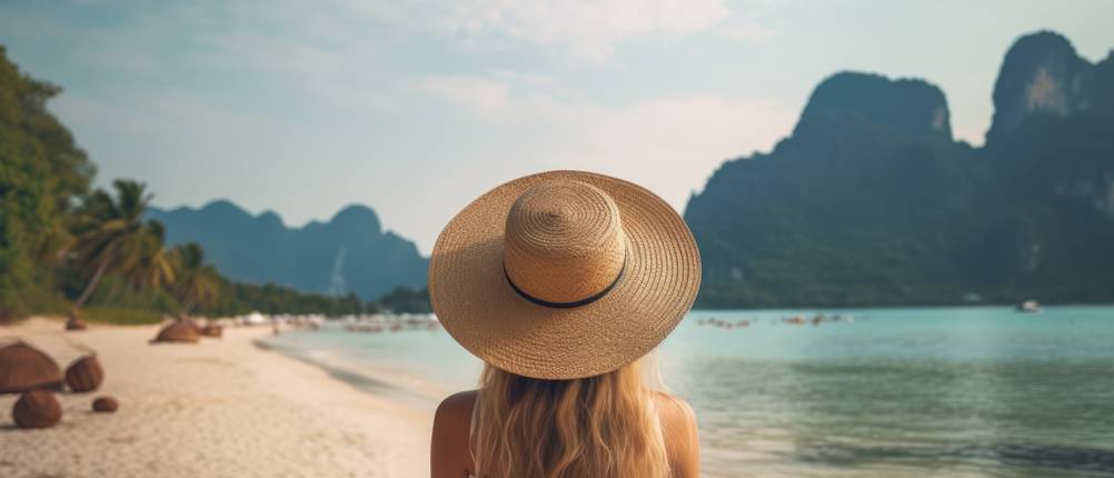 Damen-Sonnenhüte im Test: Eine Frau testet ihren Sonnenhut (Damen) am Strand.