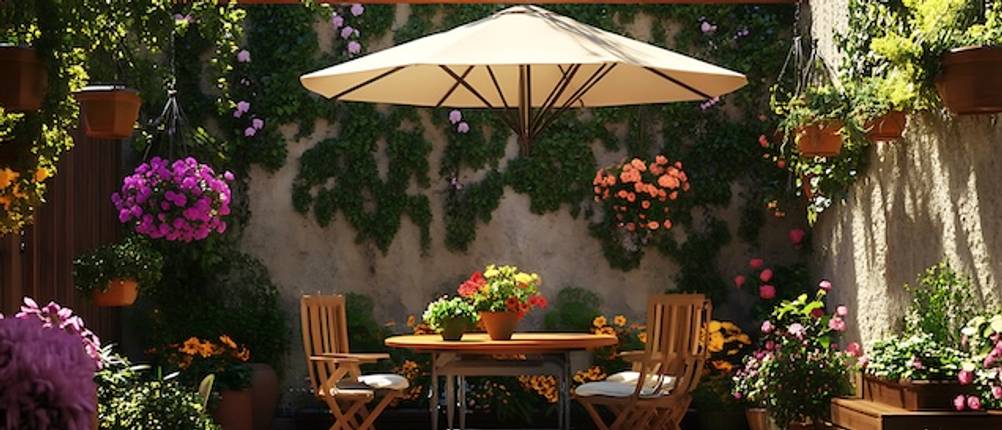 Sonnenschirm mit Ständer im Test auf einer Holzterrasse mit Blumen und Holz-Gartenmöbeln.