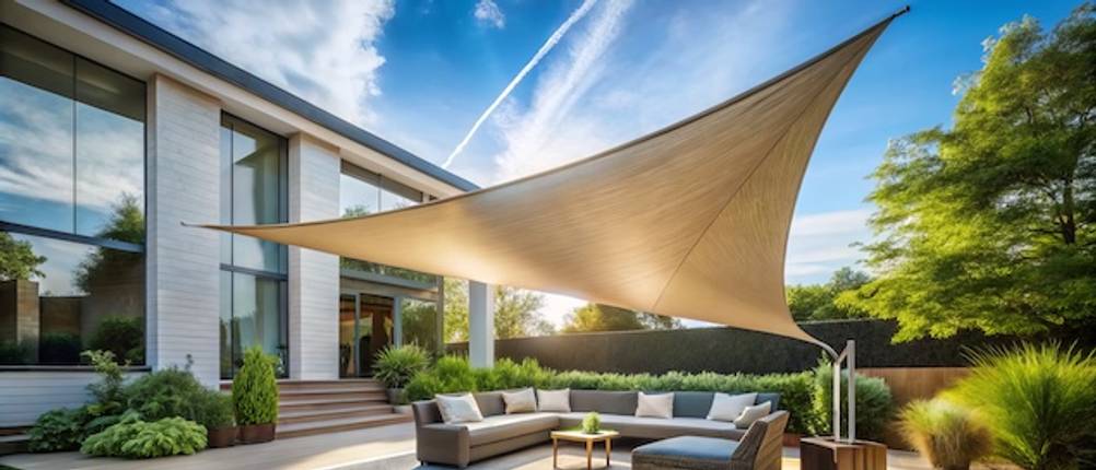 Sonnensegel im Test: Ein großes, dreieckiges Sonnensegel ist über einer Terrasse aufgespannt.
