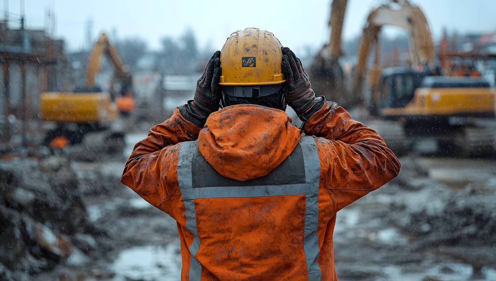 Sordin-Gehörschutz im Test: Eine große Baustelle im Hintergrund mit Baggern und eine Person von hinten zu sehen im Vordergrund in oranger Arbeitskleidung mit Helm und Händen an den Ohren.