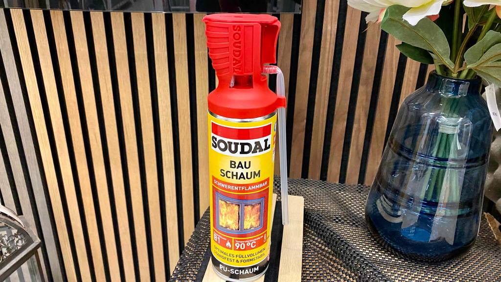 Im Test: Eine Dose Bauschaum von vorne mit Logo neben einer Vase.