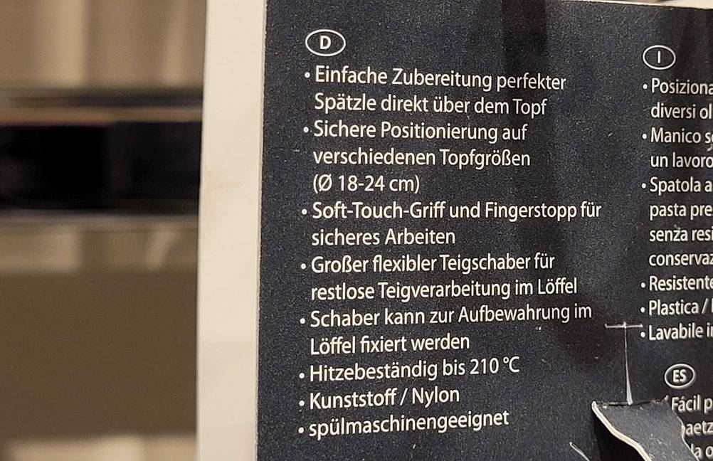 Spätzlesieb getestet: Nahaufnahme der Informationen auf der Verpackung.