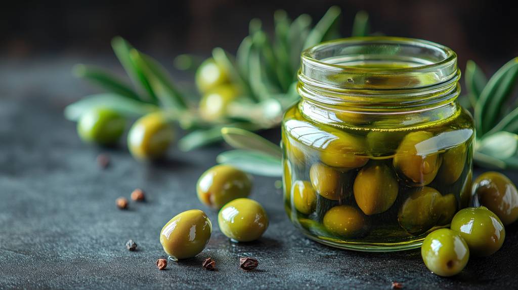 Spanische-Oliven-Test: In einem Glas befinden sich grüne Oliven. Daneben liegt ein Olivenzweig. 