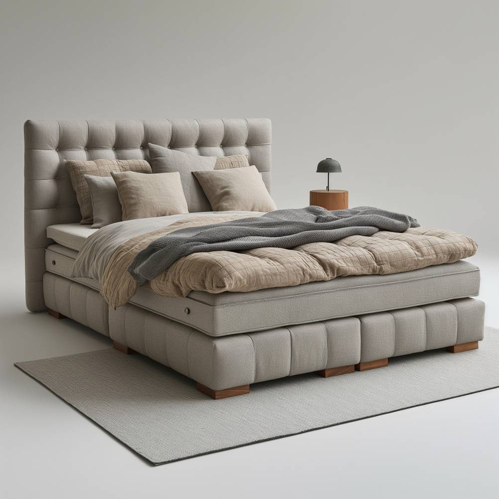 Spannbettlaken-140x200-Test: Ein beiges Boxspringbett ist mit einem zusätzlichen Topper ausgestattet. 