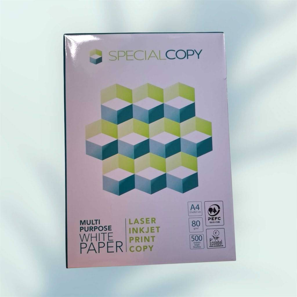 Das für den Laserdrucker und den Tintenstrahldrucker geeignete 80-g-Druckerpapier im Test befindet sich in der 500-Blatt-Packung vor einem hellblauen Hintergrund.
