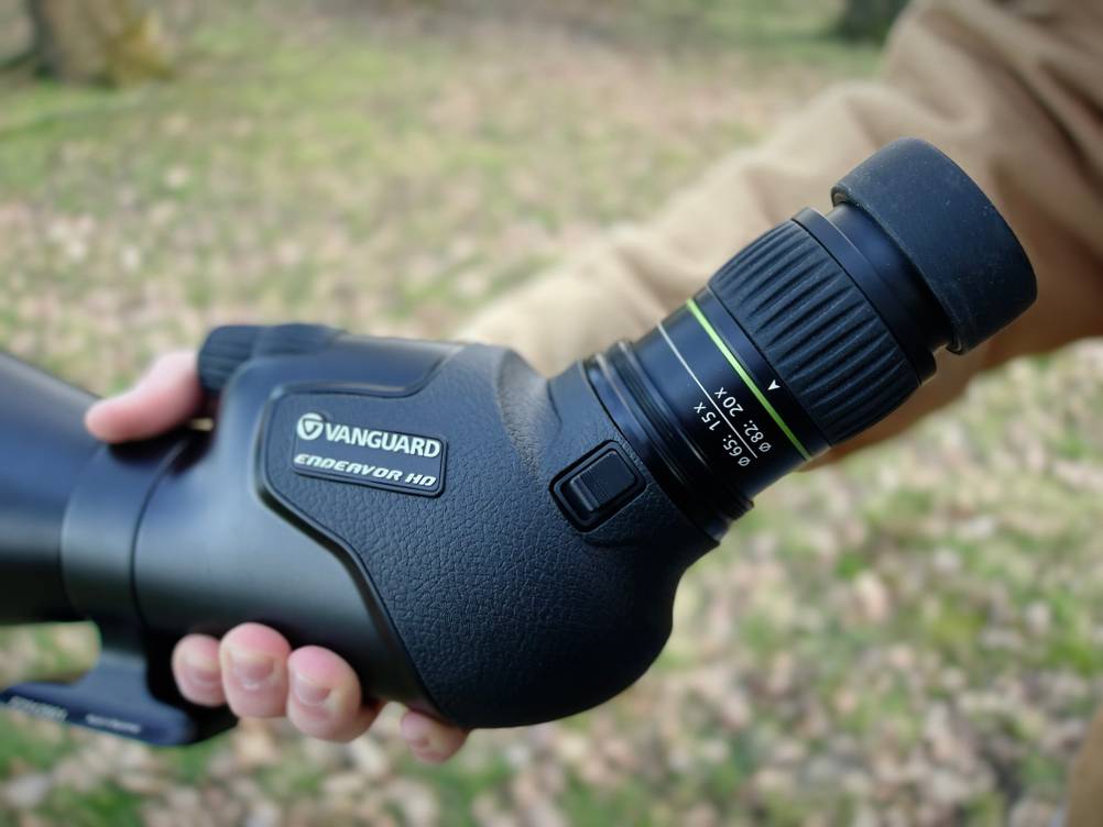 Eine Nahaufnahme des Vanguard Endeavor HD 82A zeigt das Fokusrad und den Zoomring. Die hochwertige Verarbeitung ist deutlich sichtbar.