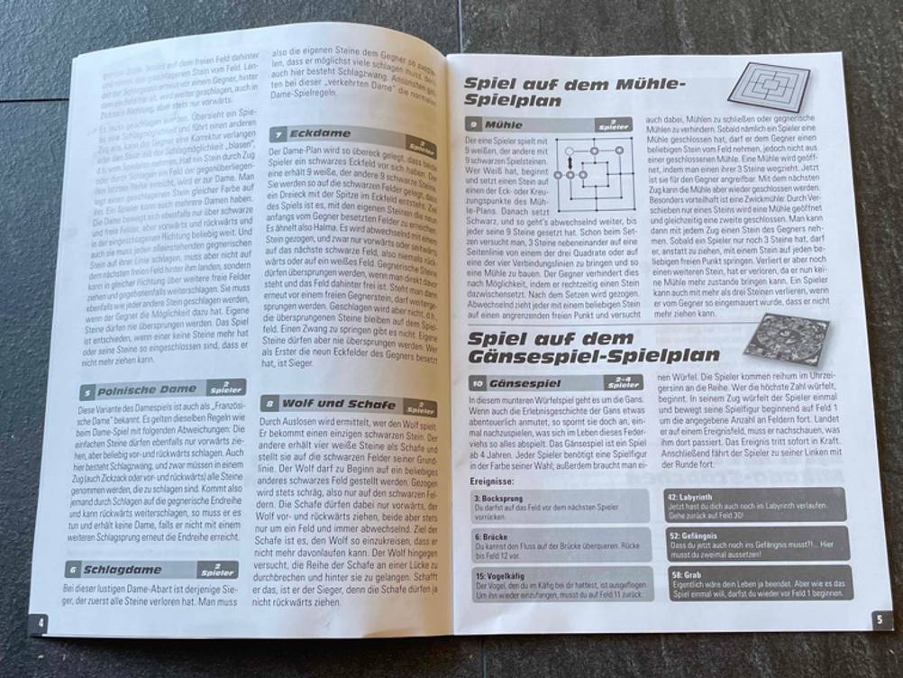 Spielesammlung getestet: Die Bedienungsanleitung auf einer dunklen Fläche.