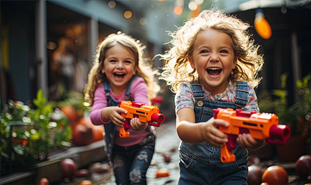 Spielzeuggewehr im Test: Zwei Mädchen die mit Spielzeuggewehren aus Kunststoff spielen.
