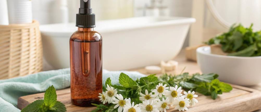 Sprühflasche 50 ml Test: braune Sprühflasche auf einem Brett mit Pfefferminzblätter und Gänseblümchen