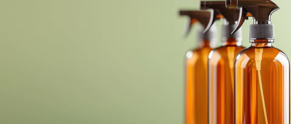 Sprühflasche 50 ml Test: drei Sprühflaschen aus Braunglas nebeneinander