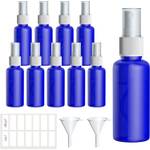 Sprühflasche 50 ml Test: Set aus zehn Plastik-Sprühflaschen, blauer Korpus, weißer Zerstäuber, mit zwei Trichtern und Etiketten; Set vor weißem Hintergrund