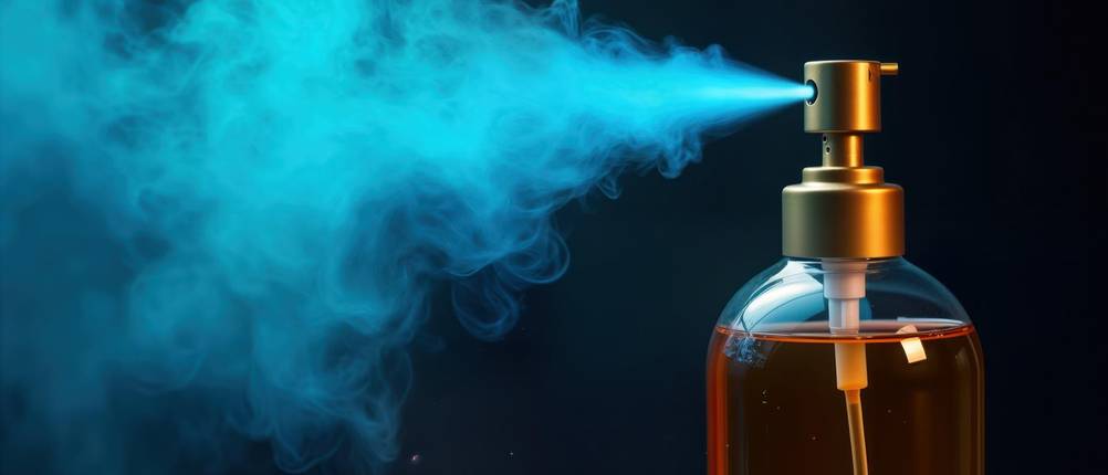 Sprühflasche 50 ml Test: Braune Sprühflasche mit Feinsprüher vor dunklem Hintergrund, sprüht Nebel