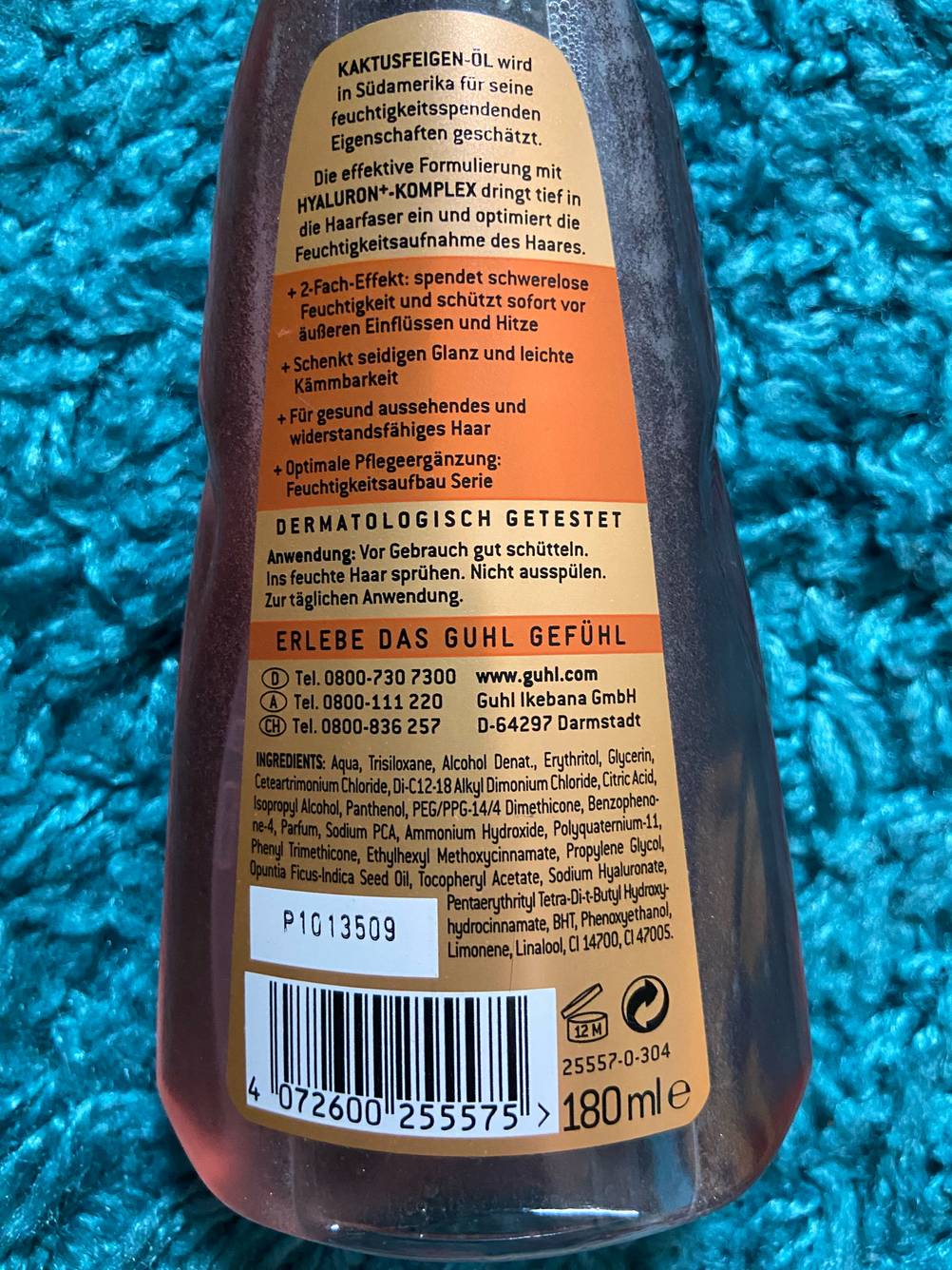 Sprühkur getestet: Nahaufnahme des Labels auf der Rückseite.