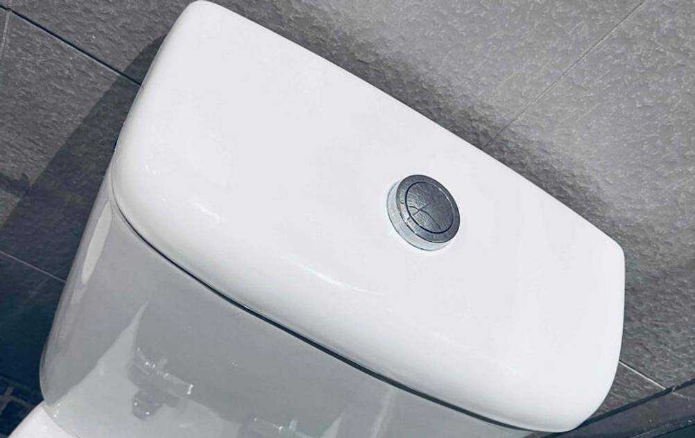 Spülkasten im Test: Detailansicht von oben des weißen Deckels mit zentraler Einmengenspülung.