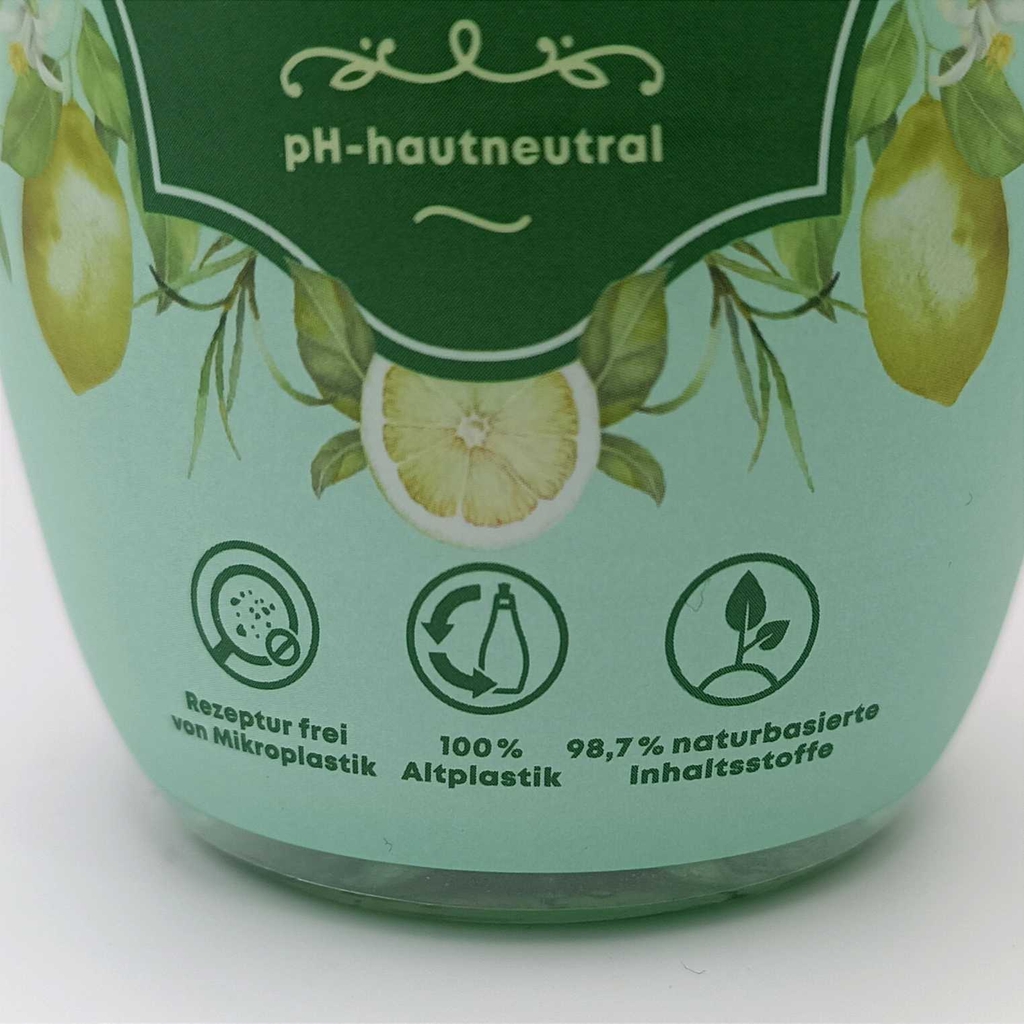 Spülmittel-Test: Nahaufnahme der Infografiken unten an einer Flasche.