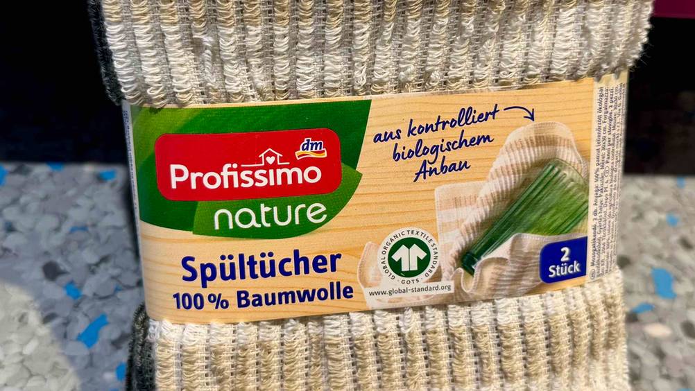 Spültücher getestet: Nahaufnahme des Labels mit Informationen.