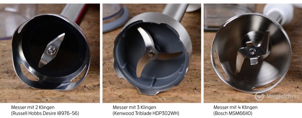 Verschiedene Klingen eines Stabmixers in der Reihe und in Nahaufnahme.