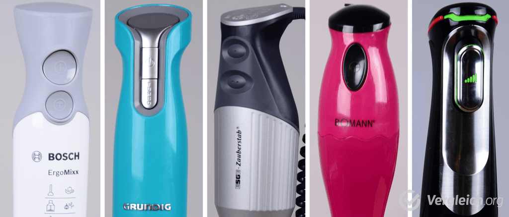 Verschiedene Stabmixer in einer Reihe von verschiedenen Herstellern mit Fokus auf die Bedientasten.