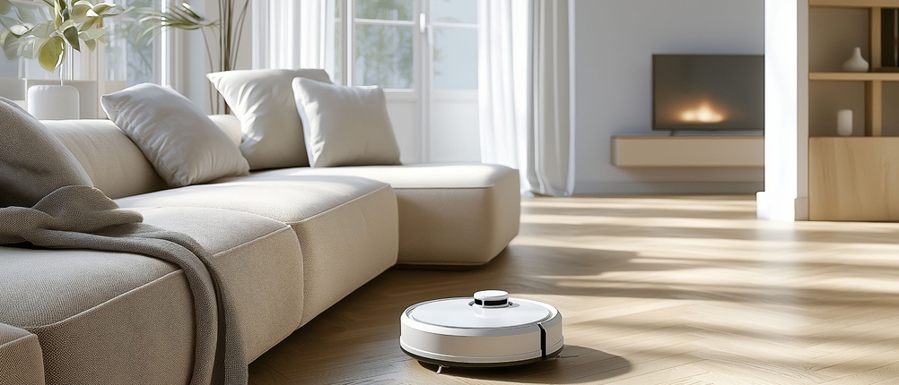 Staubsauger-Roboter im Test: weißer Staubsauger-Roboter saugt in einem Wohnzimmer.