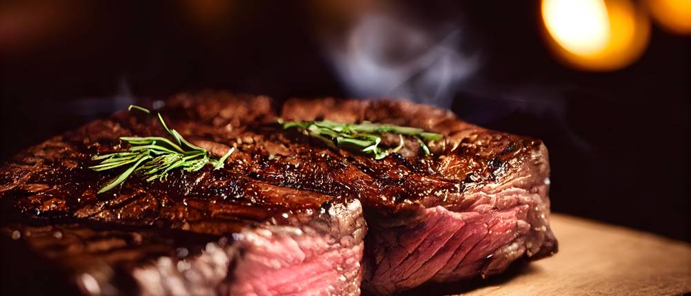 Gegrilltes Steak liegt auf einem Holzbrett und wurde mit zwei Rosmarin-Zweigen verfeinert.