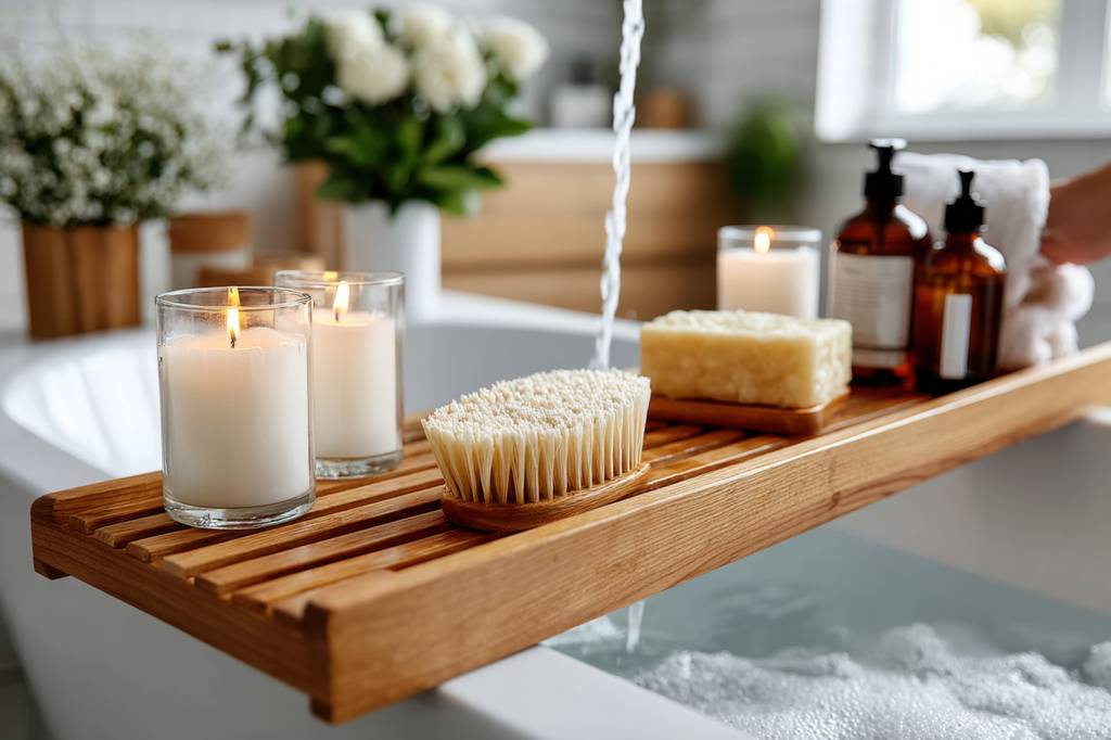 Stearin-Kerzen-Test: Mehrere Kerzen stehen im Badezimmer auf einem Badewannen-Tablett.