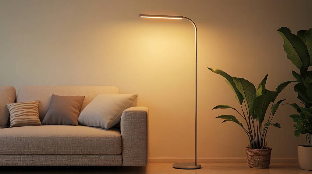 Dimmbare-Stehlampe-Test: Zu sehen ist eine Stehlampe mit länglichem Arm, die ein angenehm warmes Licht verbreitet.