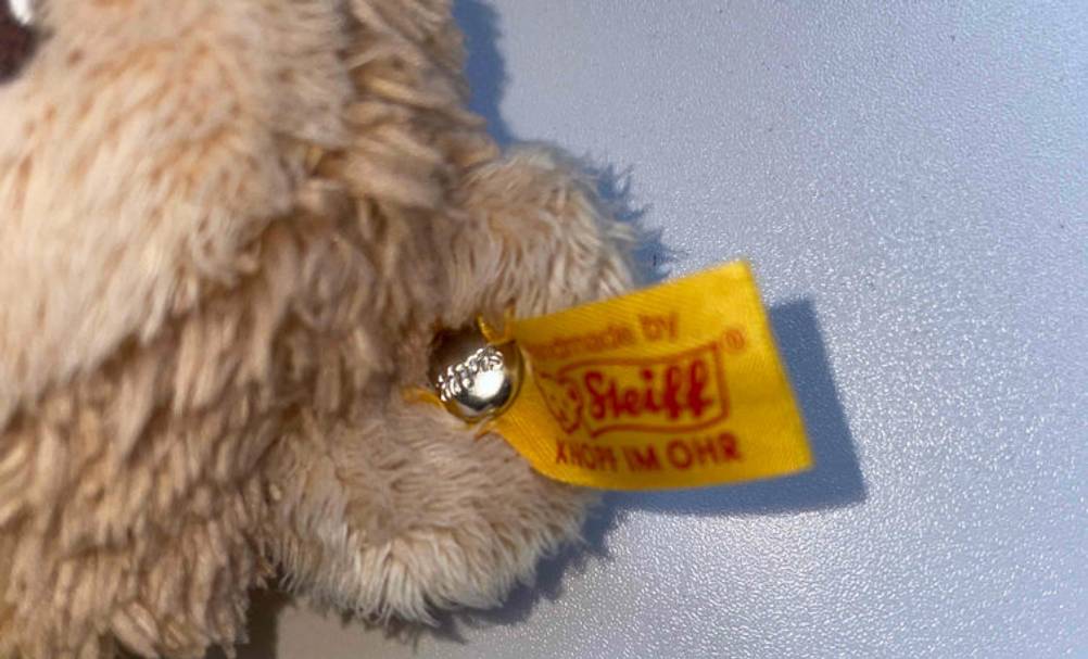 Detailansicht des Steiff-Markenknopfs eines getesteten Kuscheltiers.