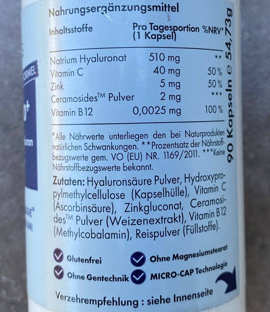 Rückseite der Verpackung von Hyaluronsäure-Kapseln