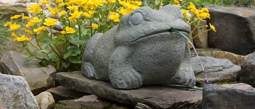 Getesteter Steinbrunnen in Form eines großen Frosches spuckt Wasser in einem Garten.