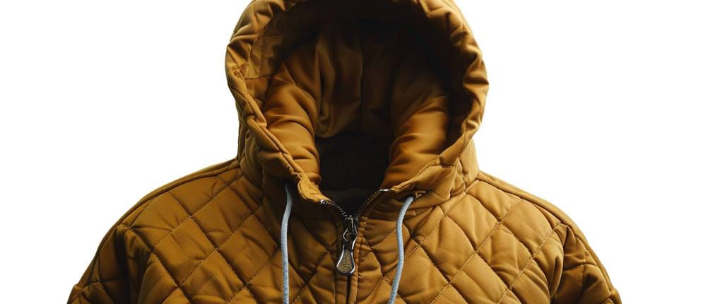 steppjacke-herren-test: ockerfarbene Steppjacke mit aufgestellter Kapuze