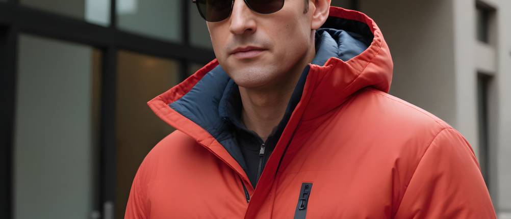 steppjacke-herren-test: Mann mit Sonnenbrille und roter Steppjacke vor Gebäude
