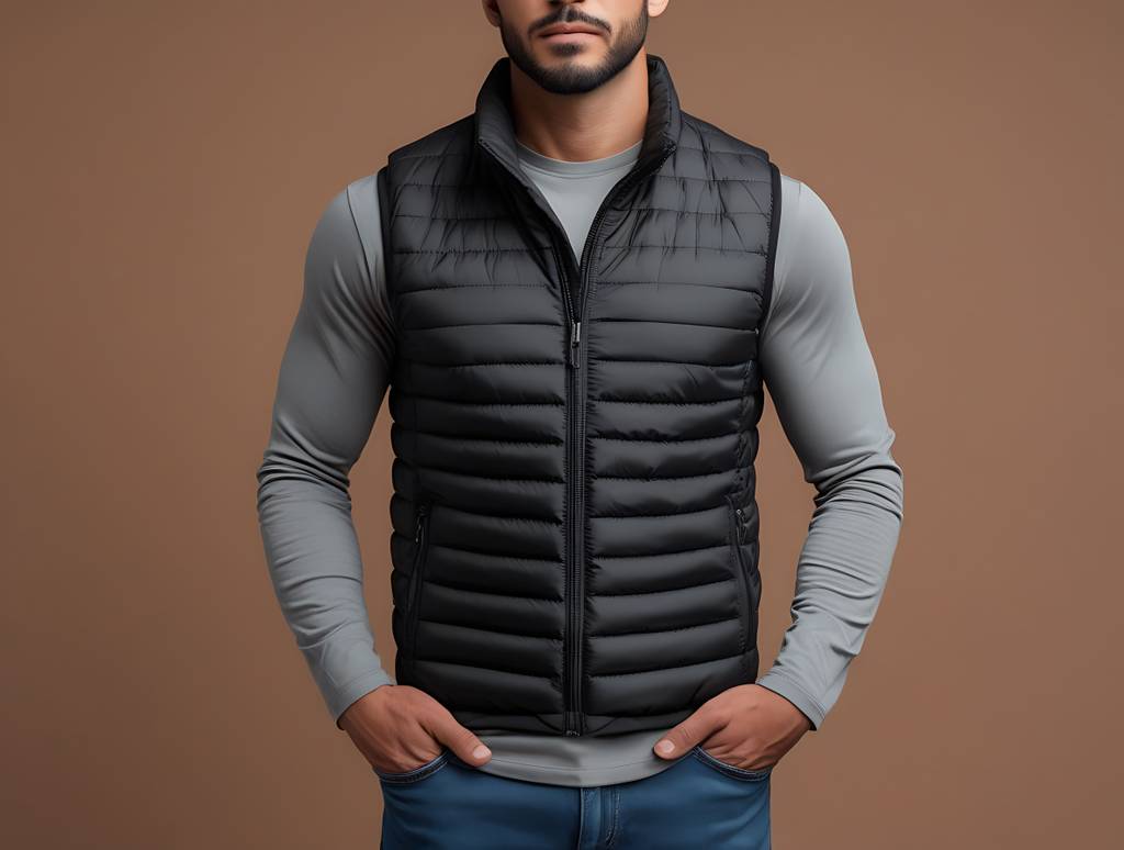 Steppweste-Herren-Test: Mann trägt schwarze Steppweste über grauem T-Shirt, die Hände locker in den Hosentaschen.