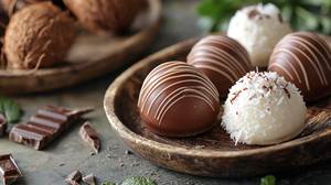 Stevia-Schokolade-Test: Mehrere Pralinen mit Stevia in einer Holzschale. 