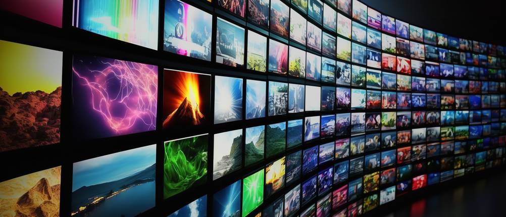 Stockfotos-Test: Mehrere Bilder verlaufen als eine Art Band vor einem schwarzen Hintergrund.