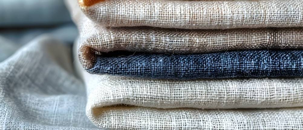 Das Material von Stoffservietten im Test: Gefalteter Leinenstoff liegt übereinander. Der Stoff hat ntürliche Farben in Beige, Hellbraun und Blau.