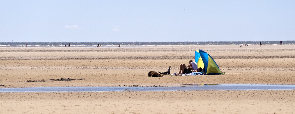 Strandmuschel mit Personen am Strand vor dem Meer