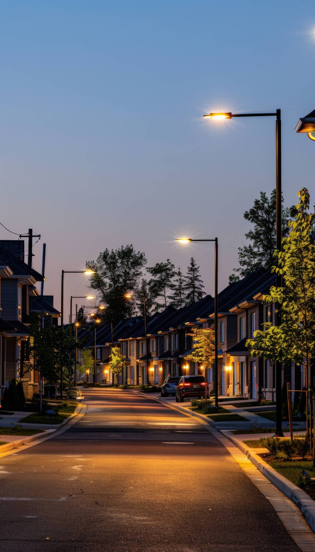 Strassenlampe-Test: Zu sehen ist eine Nachbarschaft mit Straßenlampen in den Vorgärten mit warmweißem Licht.