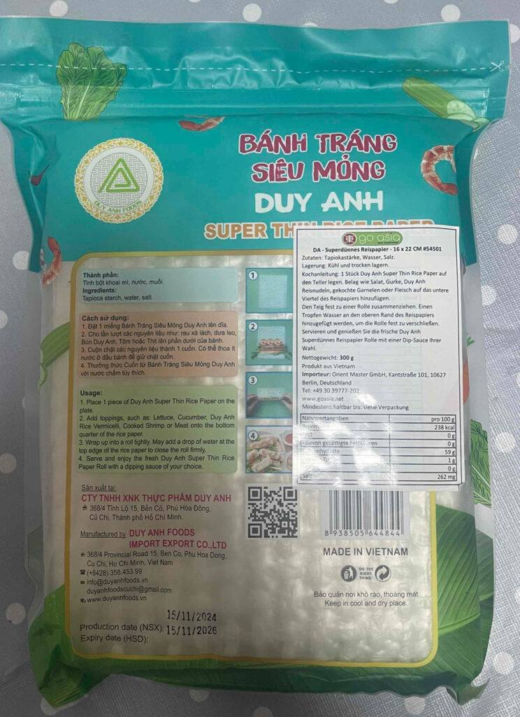 Ansicht der Produktinformationen auf der Rückseite einer wiederverschließbaren Verpackung mit dem dünnem Reispapier im Test.
