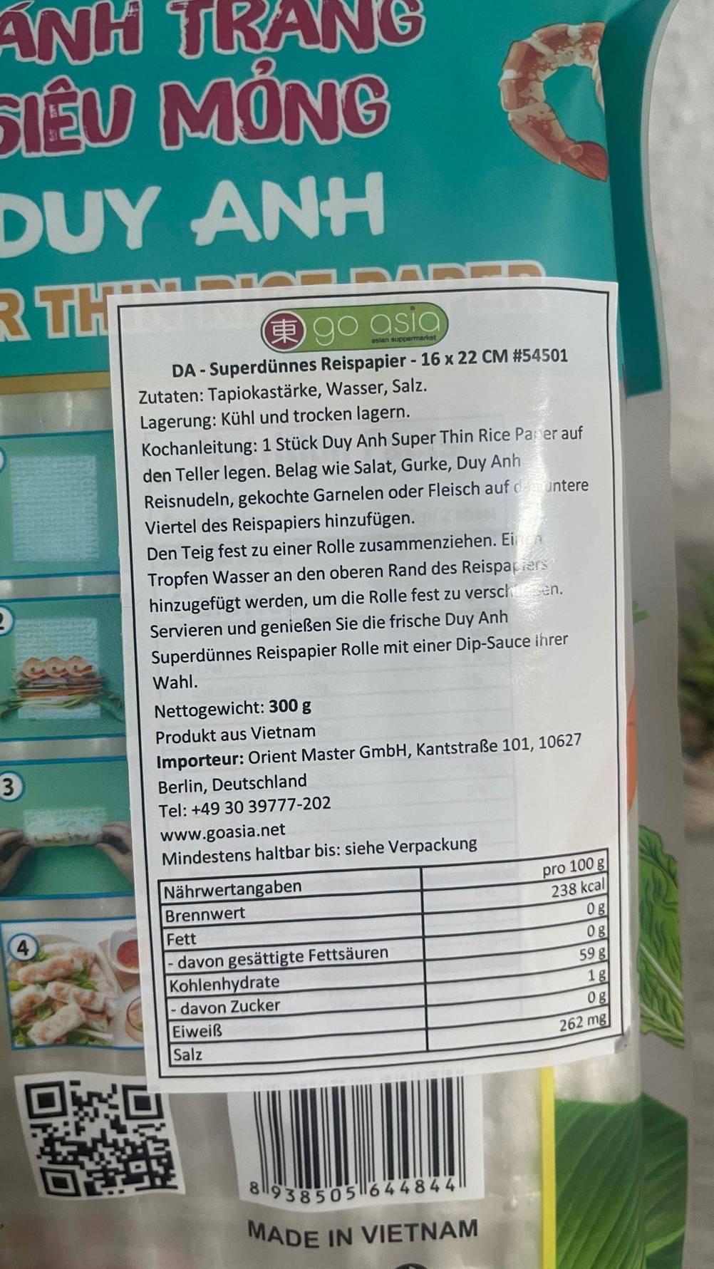 Im Test: Das Reispapier aus Vietnam befindet sich in einer 300-g-Packung, der Fokus liegt auf der gedruckten Produktbeschreibung.
