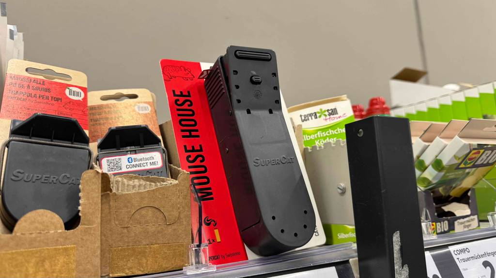 Mausefalle-Schlagfalle im Test: Mehrere Fallen stehen zwischen anderen Produkten in einem Regal.