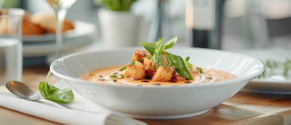 Suppenteller getestet: Ein weißer Porzellan-Suppenteller ist gefüllt mit einer orangefarbenen Suppe, die mit Croutons und Basilikum dekoriert ist. Im Hintergrund sind ein Weinglas und ein gedeckter Tisch verschwommen zu sehen.