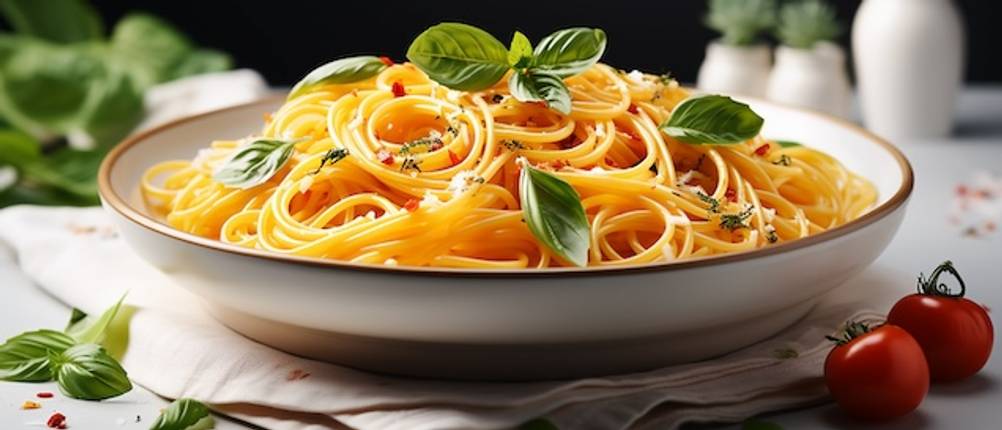 Die Verwendung von Suppentellern getestet: Ein grauer Keramikteller ist gefüllt mit Spaghetti und Basilikum.